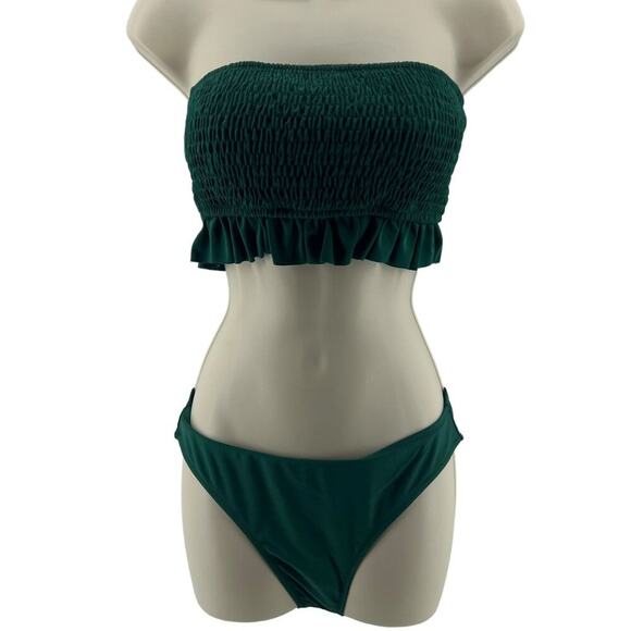 Green Bandeau Bikini Set With Ruffle Trim & High-Cut Bottoms Size Small - Picture 1 of 6